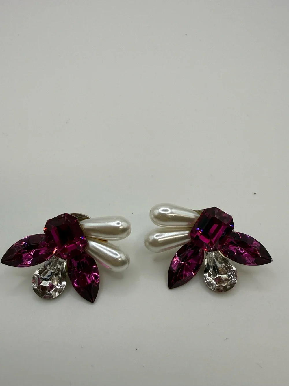 Vintage Fuchsia Crystal Faux Pearl Cluster Statement Pierced Earrings 1”